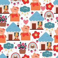 seamless pattern cute cartoon bear and cat with home and sky element and flower. cute animal pattern for wallpaper, background vector