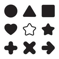 Collection of geometric and iconic shapes including circle, triangle, square, heart, star, and directional symbols. Ideal for design projects. vector