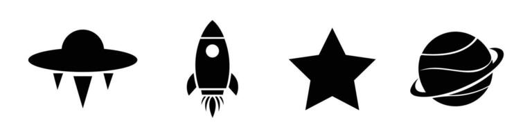 Silhouette icon set of space-themed symbols. including planets, stars, a rocket, and UFOs, symbolizing space exploration and cosmic themes. illustration. vector