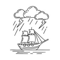 A ship caught in a storm, surrounded by flashing lightning among clouds vector