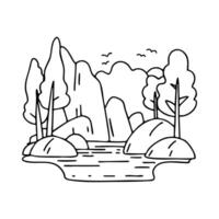 Hidden lagoon surrounded by tall trees and rocky cliffs vector