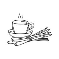 Bundle of fresh lemongrass stalks tied with twine, placed beside a teacup vector