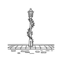 Tall lamppost with climbing ivy wrapped around it, standing on a cobblestone street vector