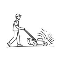 gardener pushing a lawnmower across the lawn, with clippings flying in all directions vector