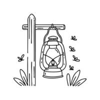 Vintage lantern hanging from a wooden post, with fireflies gathered around it vector