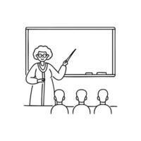 Professor giving a lecture at a podium, with students taking notes vector