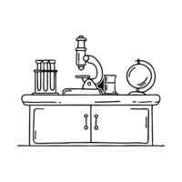Laboratory filled with various scientific equipment, test tubes, and a microscope on a workbench vector