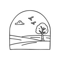 Vast open land with a single tree in the distance, and birds flying above vector