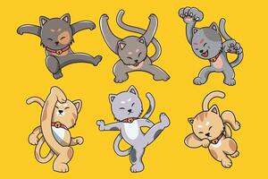 The lucky cat set group character is doing funny martial arts movements with different characters and movements vector