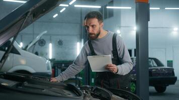 Caucasian auto mechanic specialist man checking engine with open bonnet write checklist in garage car service male technician check truck diagnostics vehicle automobile maintenance in repair workshop photo