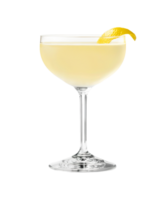 Corpse Reviver No.2 cocktail with lemon twist garnish transparent isolated background. Mixology, bar menu, colorful vibrant refreshing drink in coupe saucer glass png