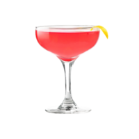 Cosmopolitan cocktail with lemon twist garnish transparent isolated background. Mixology, bar menu, colorful vibrant refreshing drink in coupe saucer glass png
