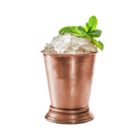 Mint Julep cocktail with mint sprig garnish transparent isolated background. Mixology, bar menu, colorful vibrant refreshing drink in copper julep cup, crushed ice png