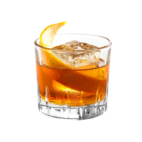 Old fashioned cocktail with orange twist garnish transparent isolated background. Mixology, bar menu, colorful vibrant refreshing drink in old fashioned glass png