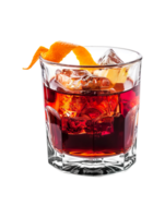 Boulevardier cocktail with orange twist garnish transparent isolated background. Mixology, bar menu, colorful vibrant refreshing drink in rocks glass png