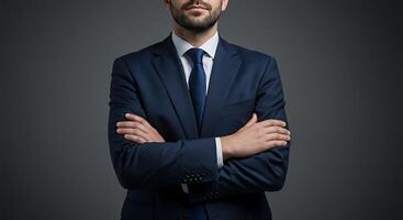 Confident pose of a businessman in dark blue suit and tie - Generated using AI photo