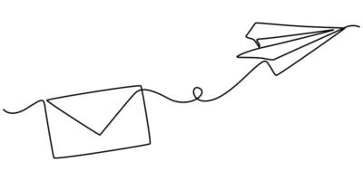 Continuous one line drawing of envelope mail with airplane paper minimal illustration vector