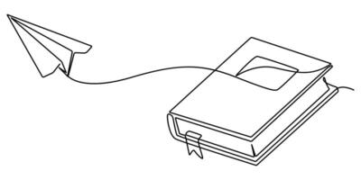 continuous one line drawing of opened book with flying paper plane symbol of dream in simple line vector