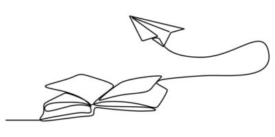 Book with flying paper airplane continuous line drawn Education linear symbol illustration isolated on white vector