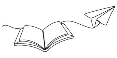 Opened book and flying paper plane in one continuous one line drawing vector