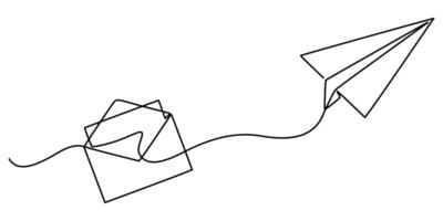 Continuous one single line drawing sketch of envelope mail with flying paper plane vector