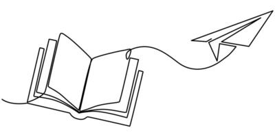 Continuous one line drawing of open book and flying paper plane vector