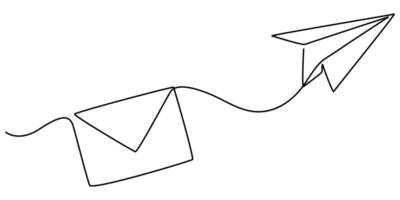 Continuous one line art drawing paper plane sending letters and email message concept illustration vector