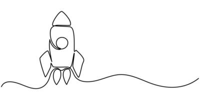 Continuous one line drawing flying rocket spaceship illustration vector