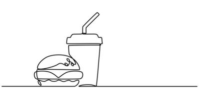 Continuous one line drawing of hamburger with juice vector