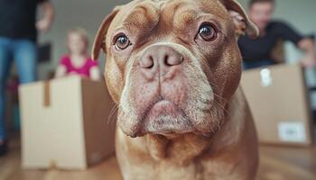 Close-Up of Brown Dog with Family Unpacking Boxes in Background photo
