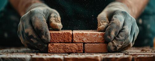 Skilled Hands Laying Brick with Precision in Construction Site photo