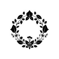 Intricate Black and White Floral Wreath A symmetrical, stylized botanical illustration featuring leaves, flowers, and delicate details on a white background. vector