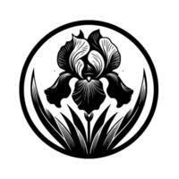 Intricate Black and White Floral Crest Stylized Iris Bloom, Leafy Base, Circular Frame, Detailed Botanical . vector