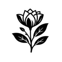 A striking black and white stylized illustration of a blossoming flower with multiple layered petals, leaves, and a small bud, set against a clean white background. vector