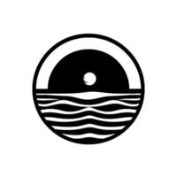 Monochrome Abstract Sunset over Wavy Sea within a Circle, Minimalist , Simplified Ocean Scene. vector