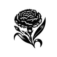 Intricate Black and White Floral Illustration A detailed depiction of a carnation with detailed petals, leaves, and bud on a clean, white background. vector