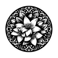 Intricate black and white floral mandala, centered by lilylike flowers, accented with detailed flourishes and leaf patterns, isolated. vector