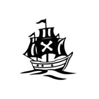 A stylized black and white pirate ship on a white background, featuring an Xbones emblem on its sails and simplistic waves. vector