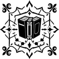 Black and white illustration of three books framed by an ornate, symmetrical, and stylized floral and geometric pattern. vector