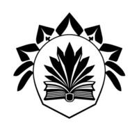 A black and white emblem, featuring an open book with radiating stylized leaves, within a shield, encircled by a stylized floral element. vector