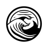 Elegant Black and White Circular Emblem Depicting a Majestic Ocean Wave with a Bird Silhouetted Against a Subtle Horizon, Evoking Serenity. vector