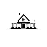 illustration of a classic house with a grey roof, chimney, windows, front door, and shrubbery, set against a clean white background. vector