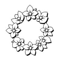 Monochrome Floral Wreath A symmetrical circular arrangement of stylized flowers with dark shadows, set against a plain white background. vector