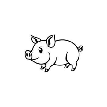 Simple black and white illustration of a smiling, cartoonstyle pig with a curled tail, standing and facing left on a clean white background. vector