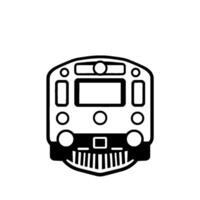A bold, black and white illustration of the frontal view of a train, with a simplified, geometric . vector