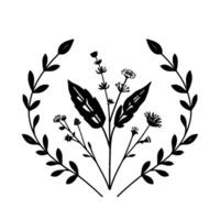 Elegant minimalist floral , featuring a symmetrical black and white botanical arrangement of various wildflowers and leafy branches within a circular frame on a white background. vector