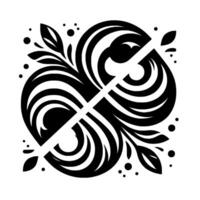 Symmetrical Black and White Floral Pattern with Swirling Lines, Leaves, and Dots, Bisected by a Diagonal White Line. vector