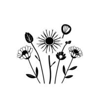Art Simple black and white floral illustration of daisies and buds with various stem heights against a pure white background, conveying a minimalist aesthetic. vector