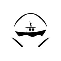 Simplified Black White Illustration of a Boat Sailing on Wavy Waters, Encased in a Symbolic Circular with Abstract Accent Lines. vector