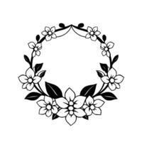 Intricate floral monochrome wreath , featuring delicate blossoms, leaves, and vines in a symmetrical, circular arrangement. vector